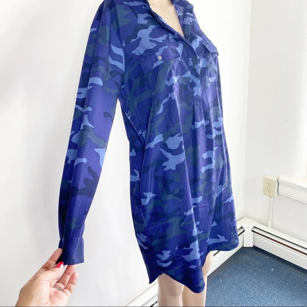 GAP Blue Camo Shirt Shift Dress pockets front S - Picture 7 of 11